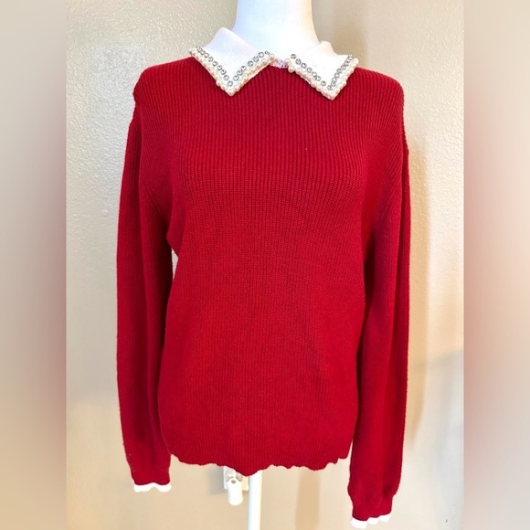 on 12th Sweaters - Chic Red Sweater with Embellished Collar
